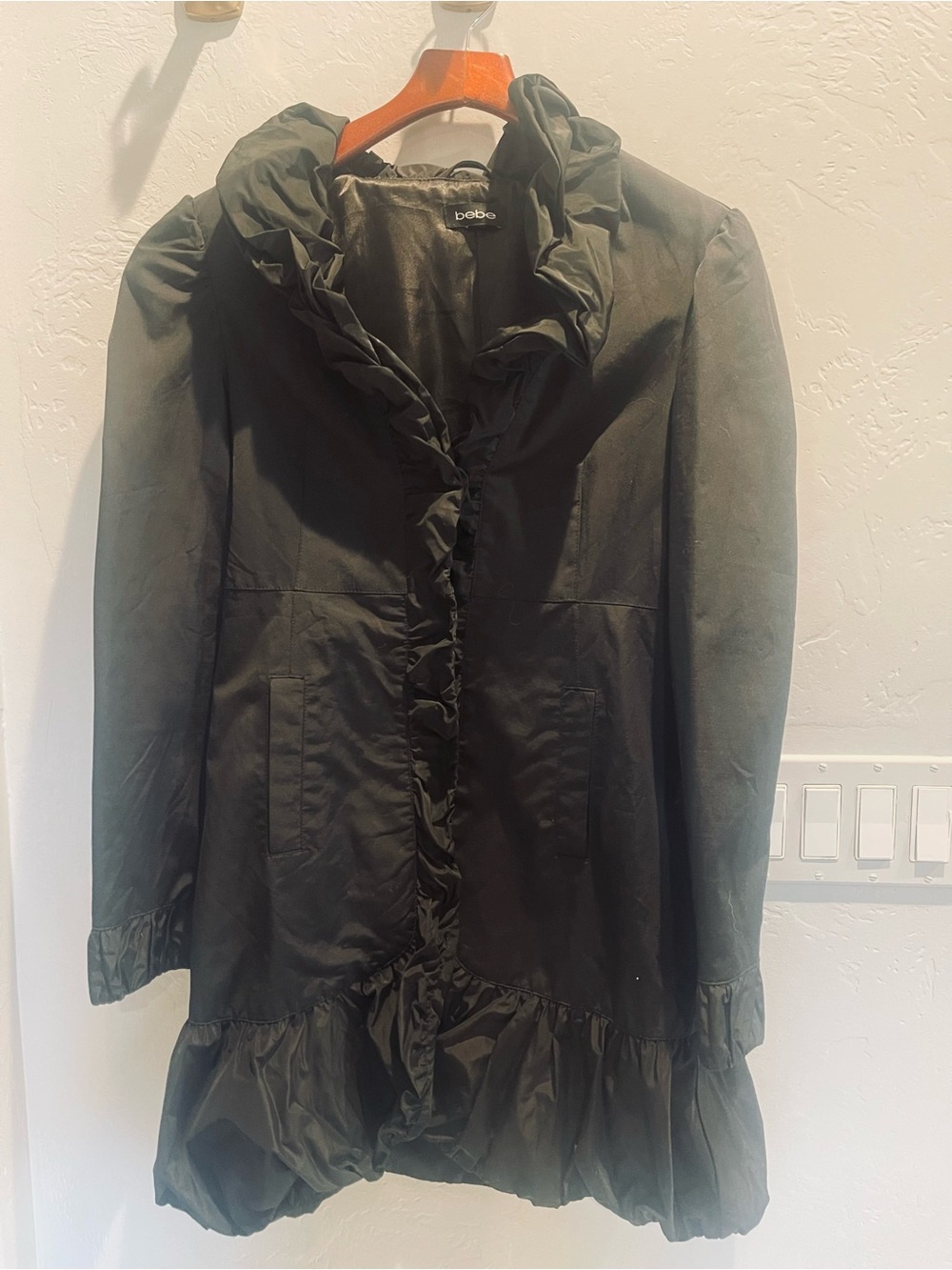 Bebe Black Ruffle Trench Coat Jacket Size Medium Y2K